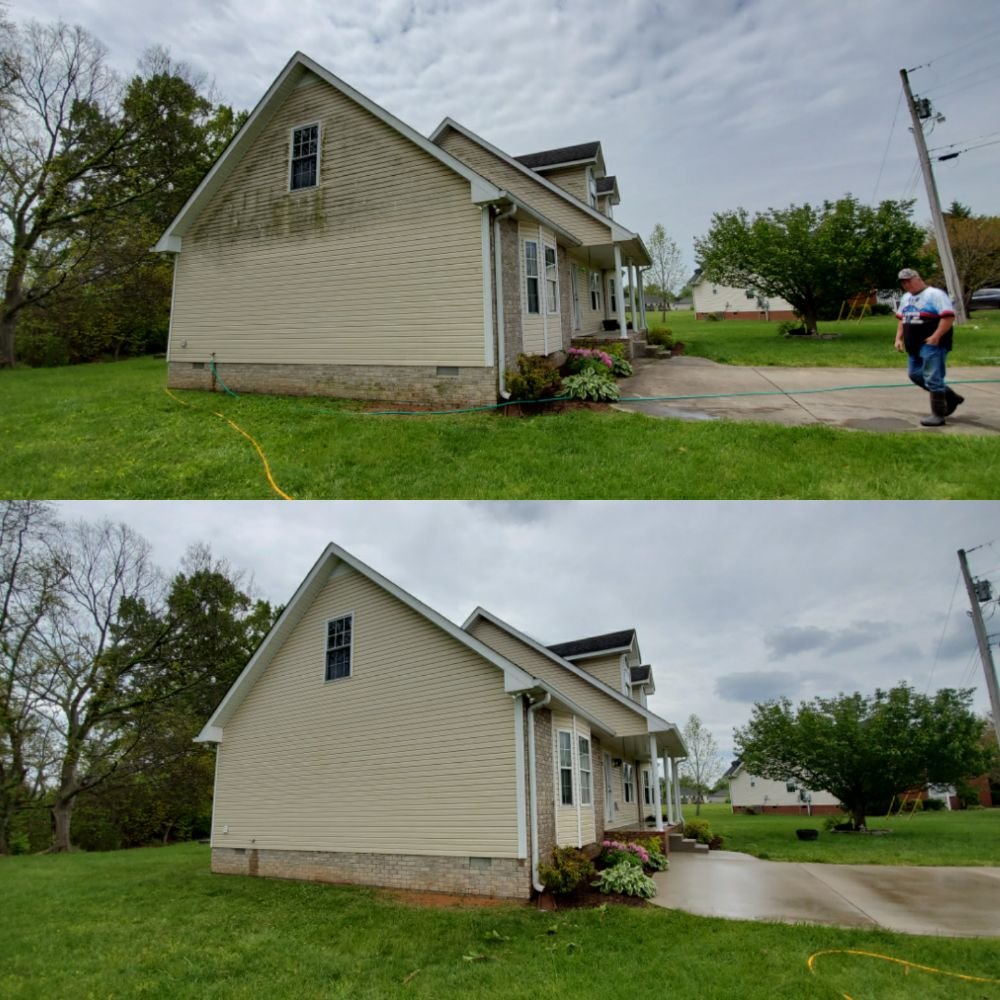 A before and after image of pressure washing in Bowling Green, KY